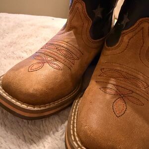 Kids Tan Suede Western Pull-On Boots with Embroidered Toe